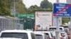 ESTONIA - Vehicles wait on the bridge over Narva river at the border crossing point with Russia in Narva, Estonia September 18, 2022